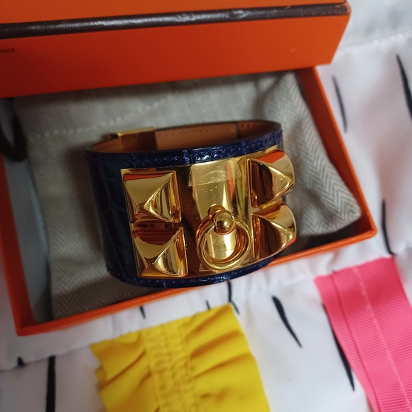 Authentic Hermes Collier de Chien Mississippi Blue Croc Alligator Cuff - Picture 7 of 16